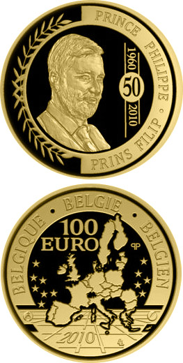 Image of 100 euro coin - 50. birthday of Philipp of Belgium | Belgium 2010.  The Gold coin is of Proof quality.