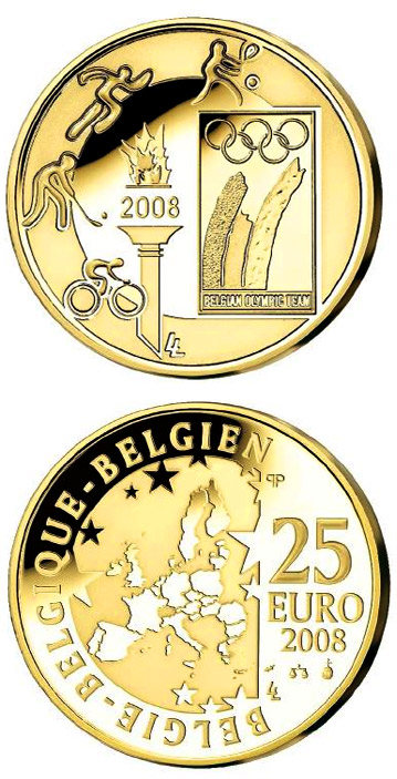 Image of 25 euro coin - Beijing Summer Olympics 2008  | Belgium 2008.  The Gold coin is of BU quality.