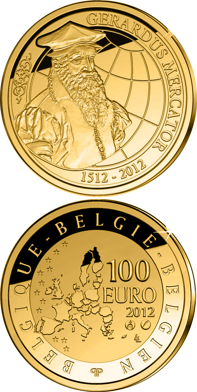 Image of 100 euro coin - 500th Anniversary of the death of Gerardus Mercator | Belgium 2012.  The Gold coin is of Proof quality.