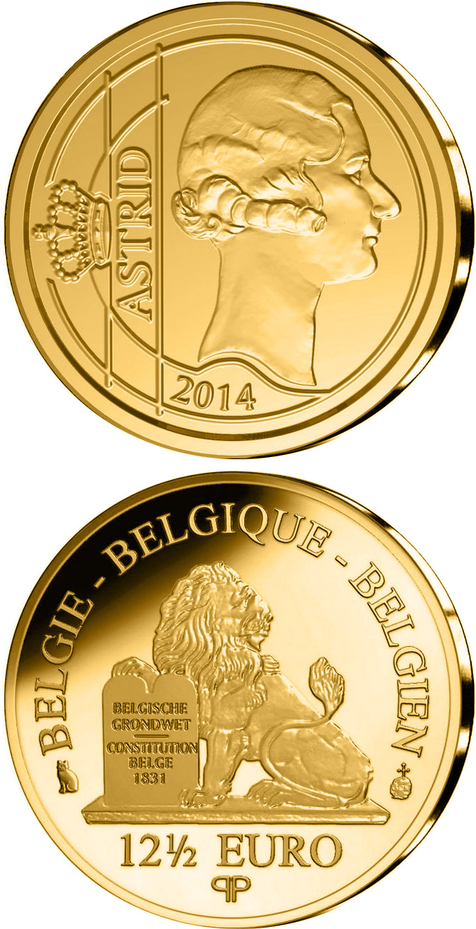 Image of 12.5 euro coin - Astrid Sofia Lovisa Thyra of Sweden  | Belgium 2014.  The Gold coin is of Proof quality.