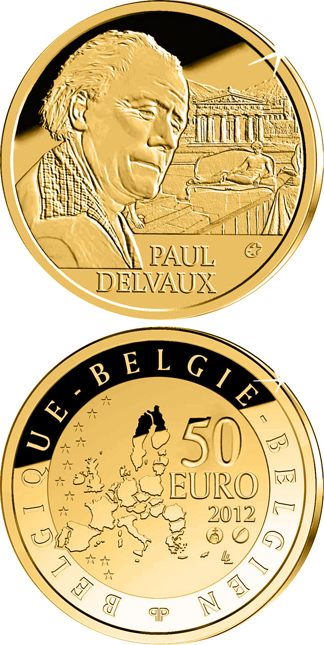 Image of 50 euro coin - Paul Delvaux | Belgium 2012.  The Gold coin is of Proof quality.