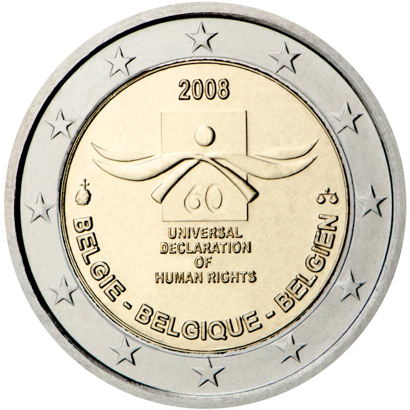 Image of 2 euro coin - 60th anniversary of the Universal Declaration of Human Rights | Belgium 2008