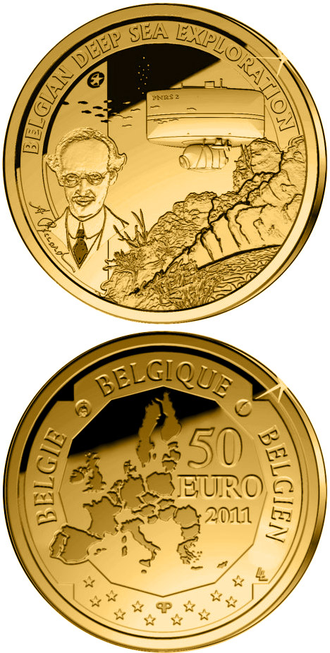 Image of 50 euro coin - Belgian Deep Sea Exploration | Belgium 2011.  The Gold coin is of Proof quality.