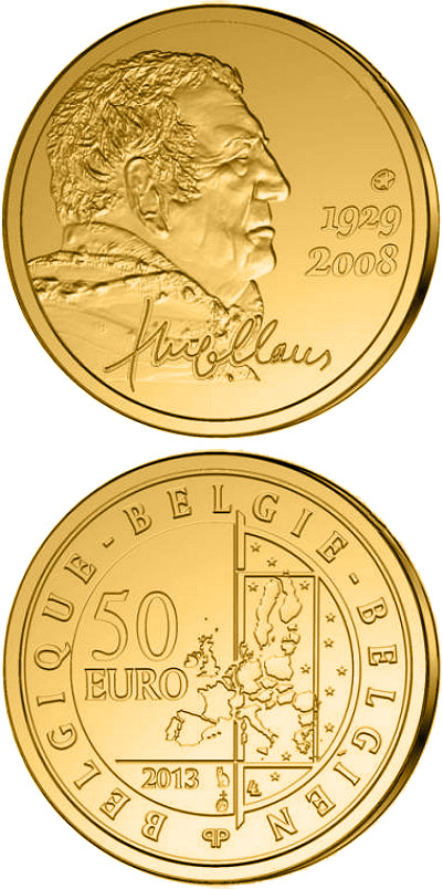 Image of 50 euro coin - Hugo Claus | Belgium 2013.  The Gold coin is of Proof quality.