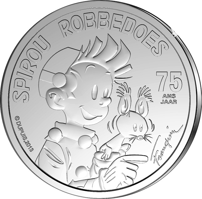 Image of 5 euro coin - 75 years of Spirou | Belgium 2013.  The Silver coin is of Proof quality.
