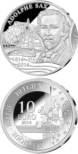 Image of 10 euro coin - 200th Anniversary of the Birth of Adolphe Sax | Belgium 2014.  The Silver coin is of Proof quality.
