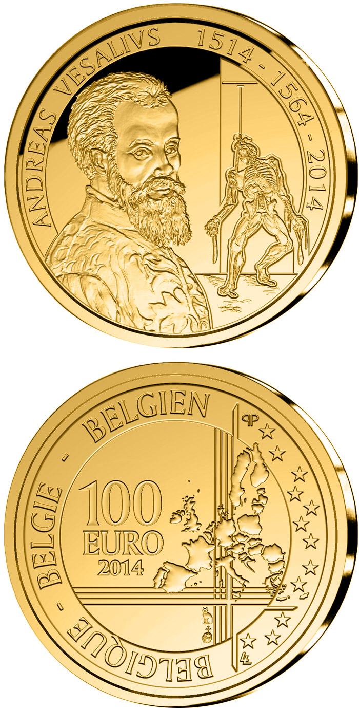 Image of 100 euro coin - 500th Anniversary of the Birth of Andreas Vesalius | Belgium 2014.  The Gold coin is of Proof quality.