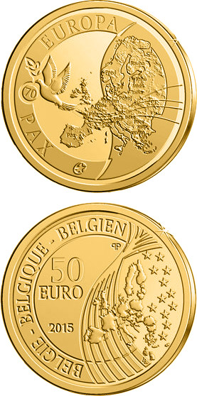Image of 50 euro coin - 70 years of Peace in Europe | Belgium 2015.  The Gold coin is of Proof quality.