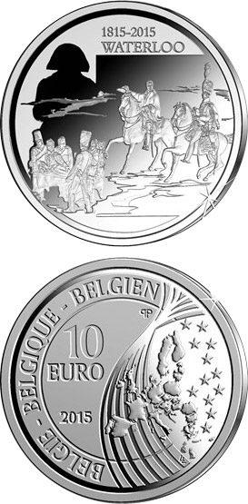 Image of 10 euro coin - 200th Anniversary of the Battle of Waterloo | Belgium 2015.  The Silver coin is of Proof quality.
