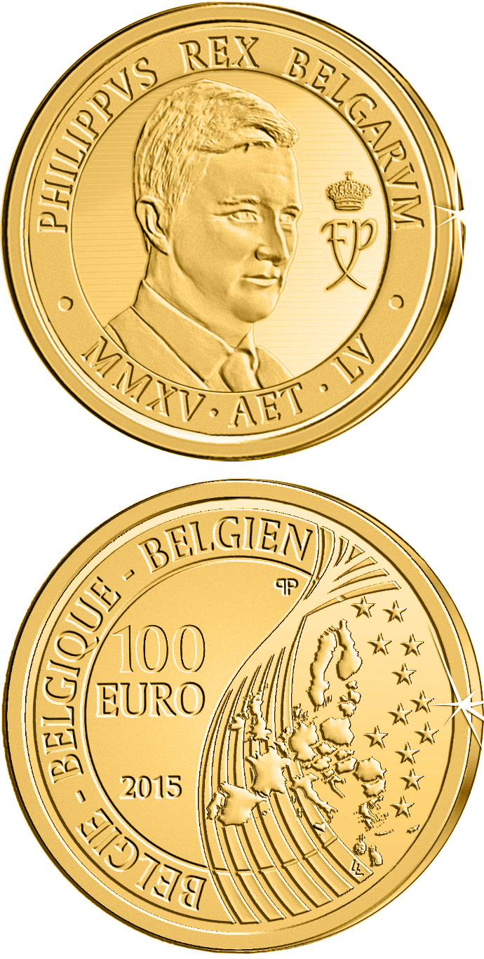 Image of 100 euro coin - King Philippe | Belgium 2015.  The Gold coin is of Proof quality.