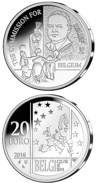 Image of 20 euro coin - The Commission for Relief in Belgium | Belgium 2016.  The Silver coin is of Proof quality.