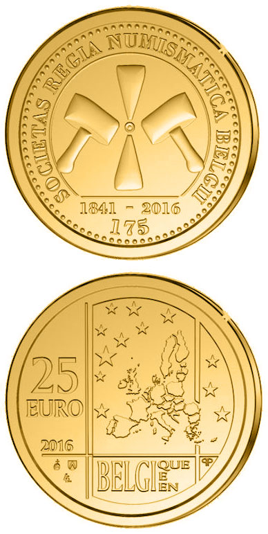 Image of 25 euro coin - 175 years of Royal Numismatic Society of Belgium | Belgium 2016.  The Gold coin is of Proof quality.