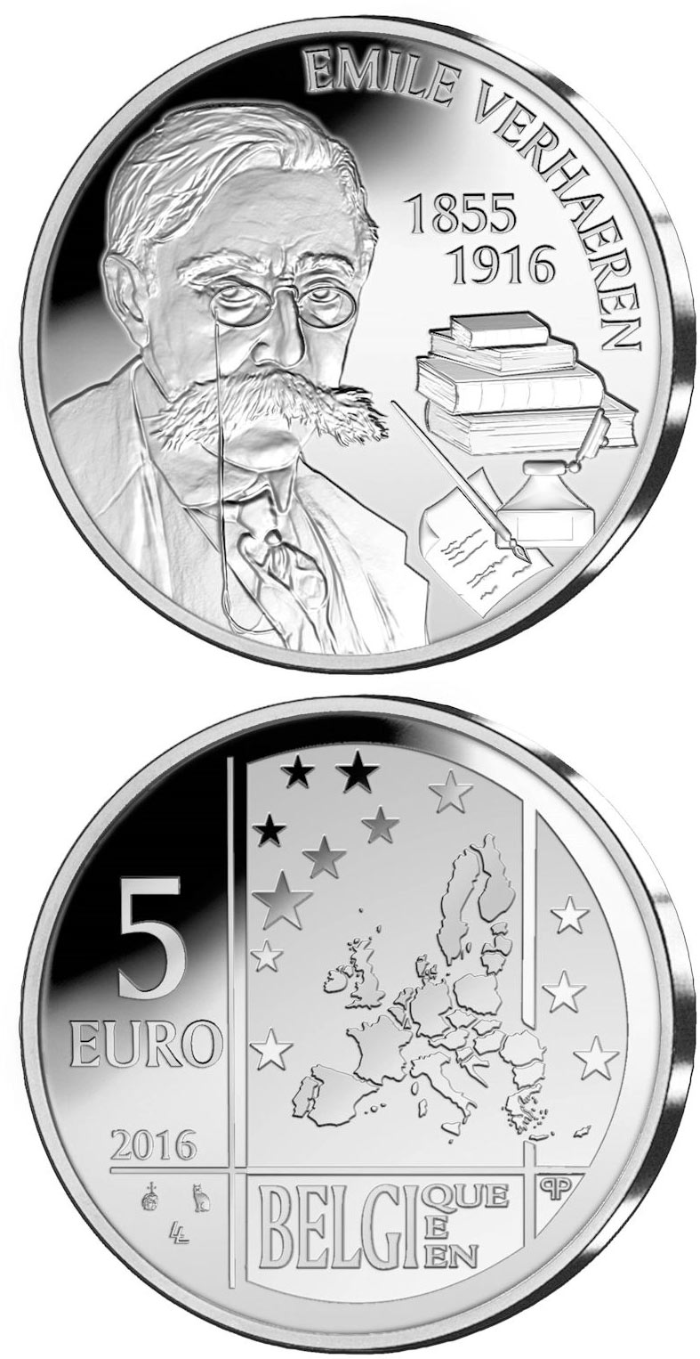 Image of 5 euro coin - 100th Anniversary of the Death of Emile Verhaeren | Belgium 2016.  The Silver coin is of Proof quality.