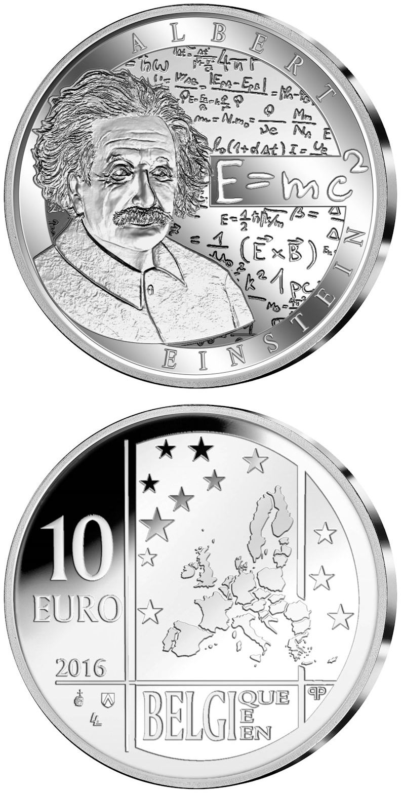 Image of 10 euro coin - Albert Einstein | Belgium 2016.  The Silver coin is of Proof quality.