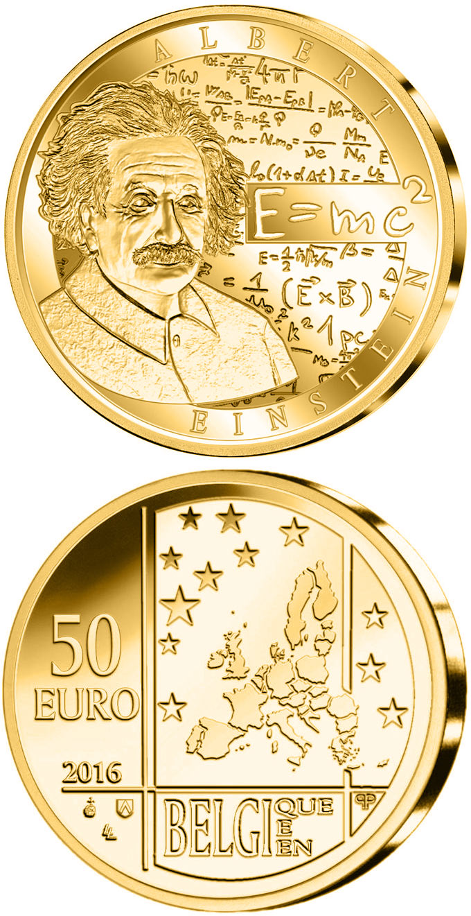 Image of 50 euro coin - Albert Einstein | Belgium 2016.  The Gold coin is of Proof quality.