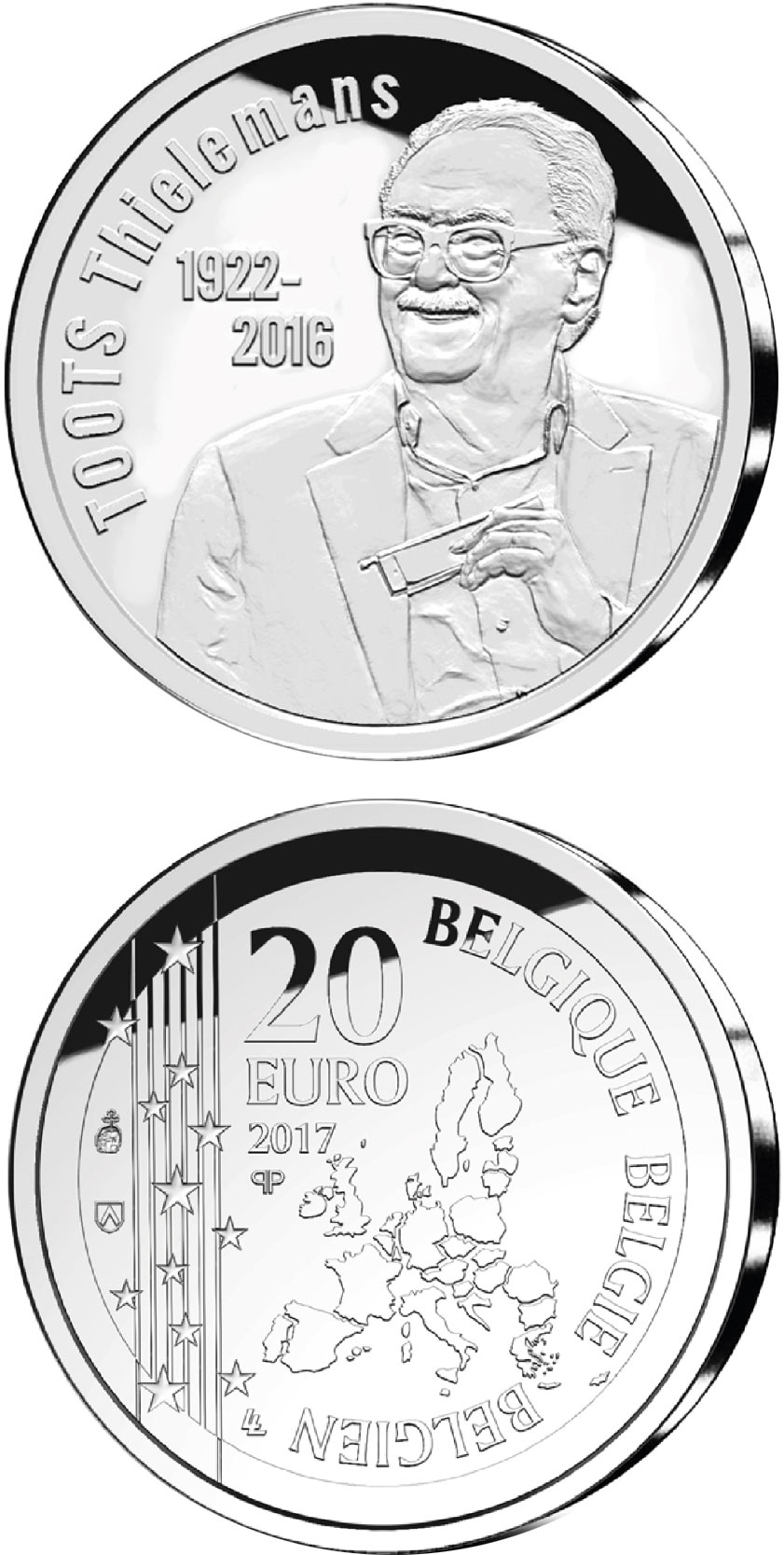 Image of 20 euro coin - Toots Thielemanns  | Belgium 2017.  The Silver coin is of Proof quality.