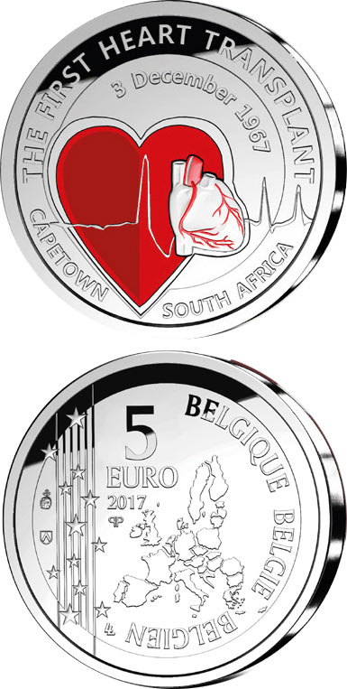 Image of 5 euro coin - 50th Anniversary of the First Heart Transplant | Belgium 2017.  The Silver coin is of Proof quality.