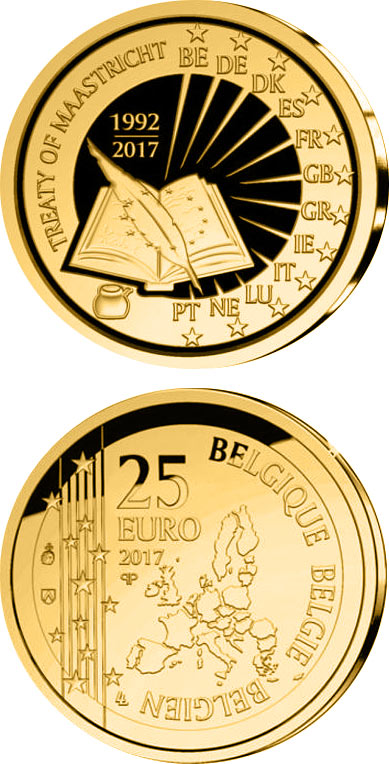 Image of 25 euro coin - 25 years Maastricht contract | Belgium 2017.  The Gold coin is of BU quality.