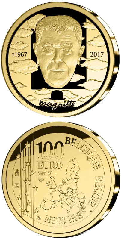 Image of 100 euro coin - Rene Magritte | Belgium 2017.  The Gold coin is of Proof quality.