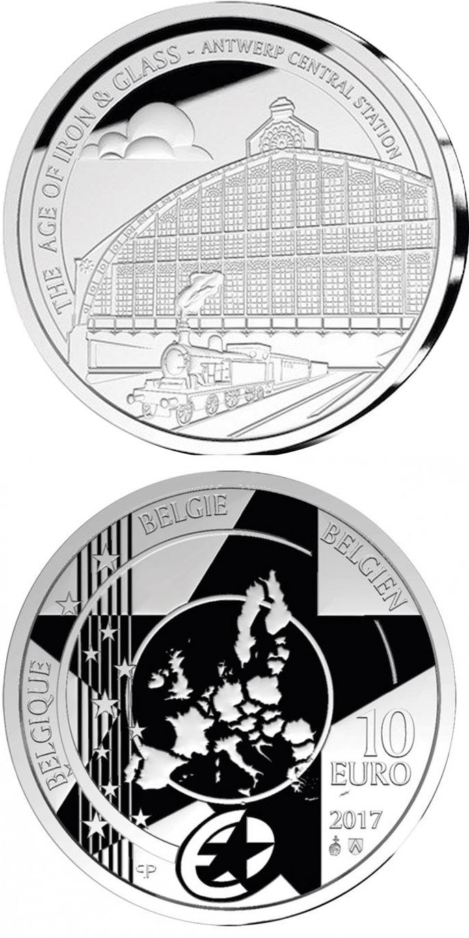 Image of 10 euro coin - Eurostar: Antwerp Station | Belgium 2017.  The Silver coin is of Proof quality.