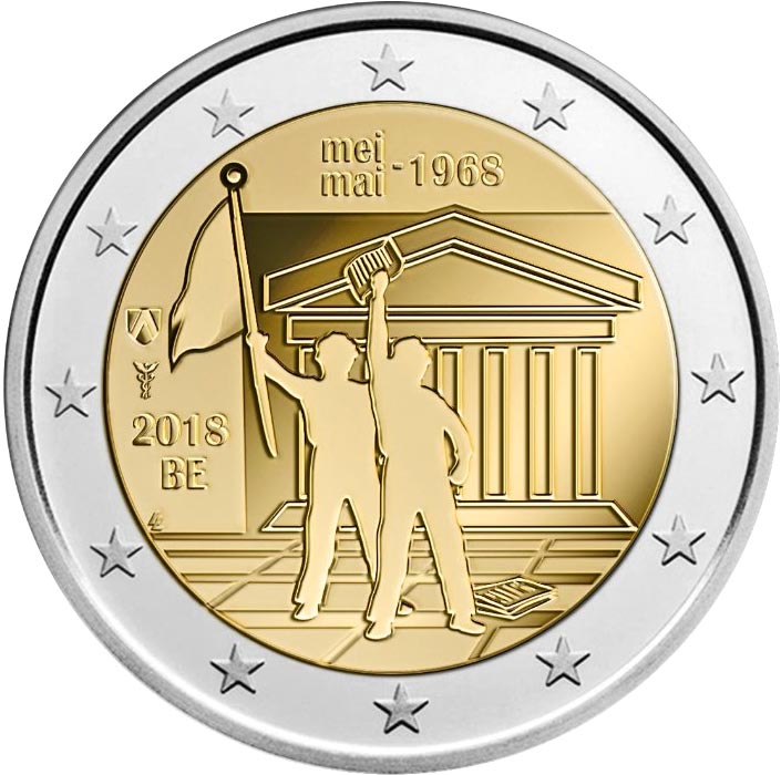Image of 2 euro coin - May 1968 civil protests | Belgium 2018