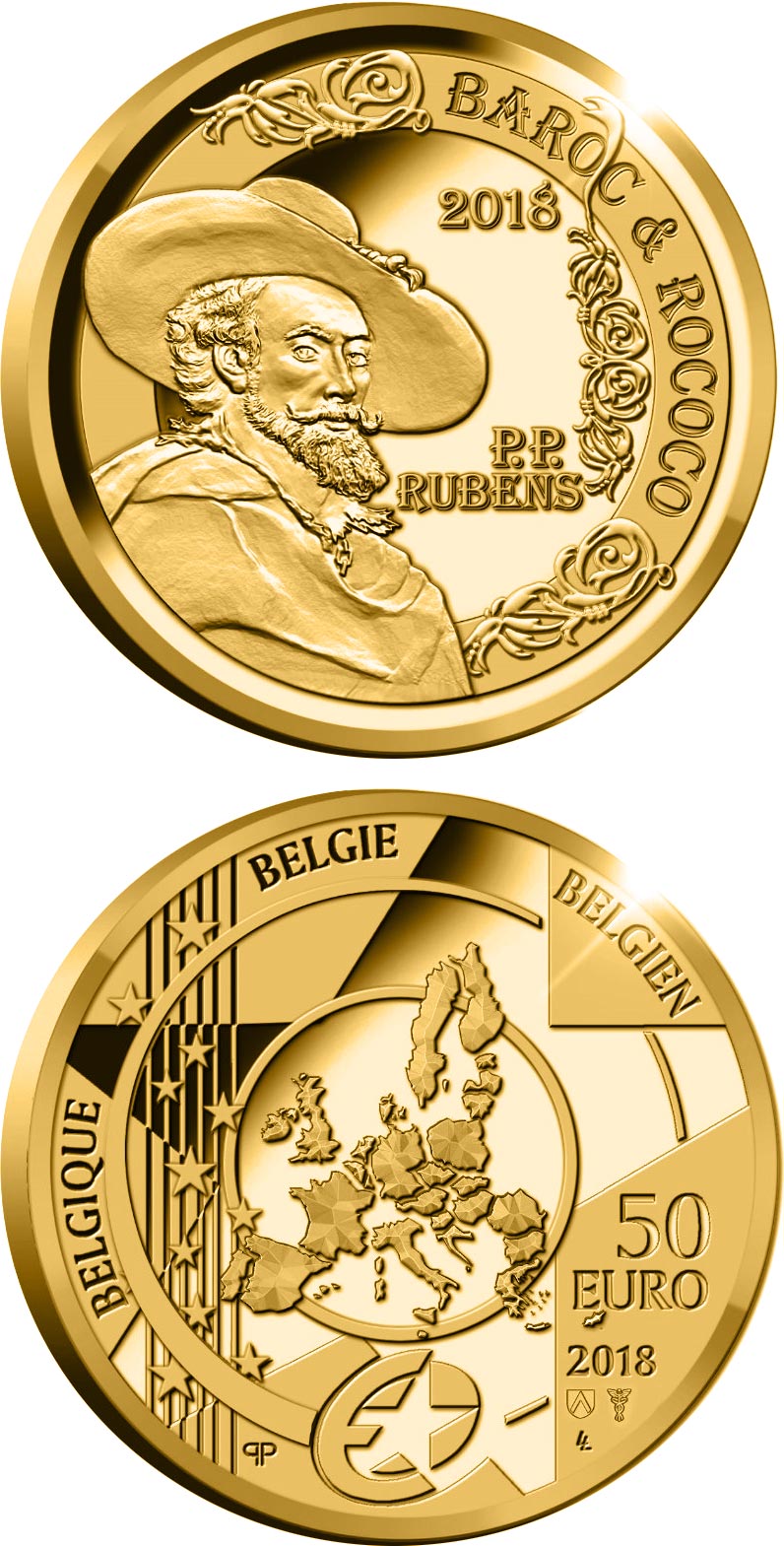 Image of 50 euro coin - Peter Paul Rubens | Belgium 2018.  The Gold coin is of Proof quality.
