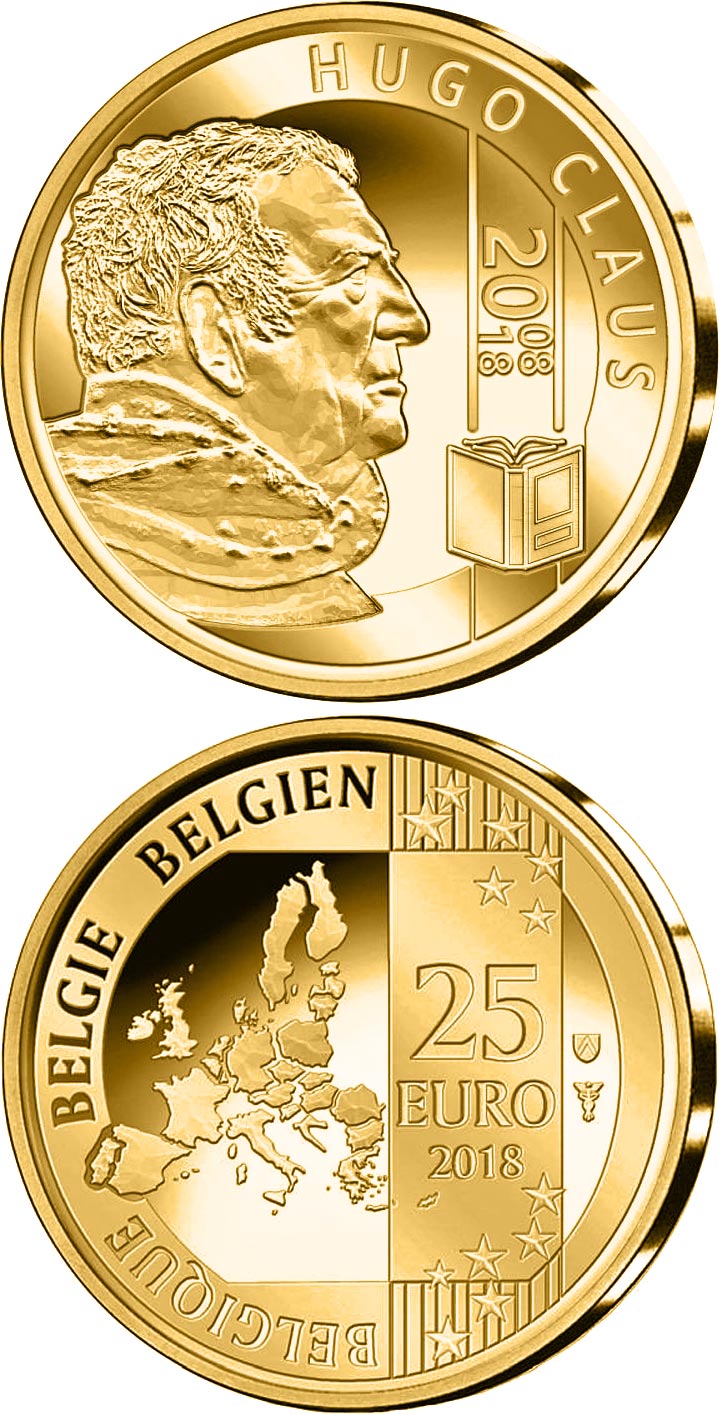 Image of 25 euro coin - 10th Anniversary of the Death of Hugo Claus | Belgium 2018.  The Gold coin is of BU quality.