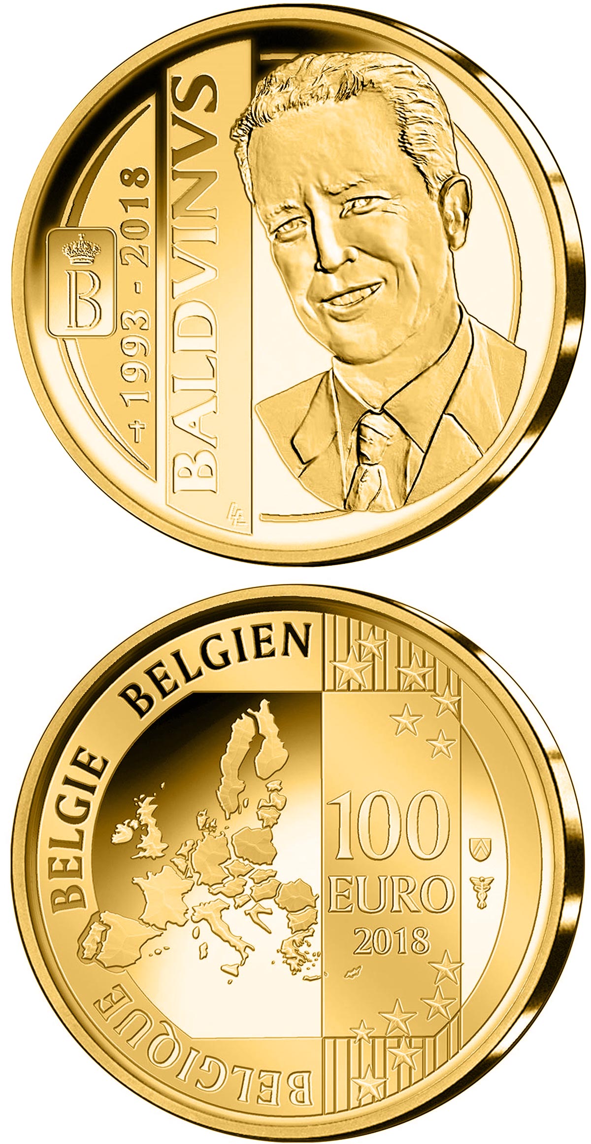 Image of 100 euro coin - 25 years of death King Baudouin | Belgium 2018.  The Gold coin is of Proof quality.