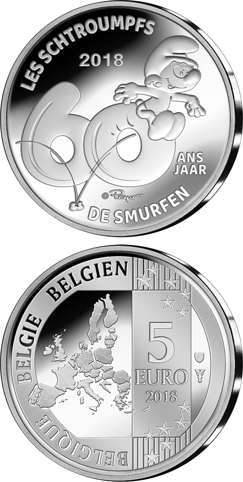Image of 5 euro coin - 60 years of the Smurfs | Belgium 2018.  The Silver coin is of Proof quality.
