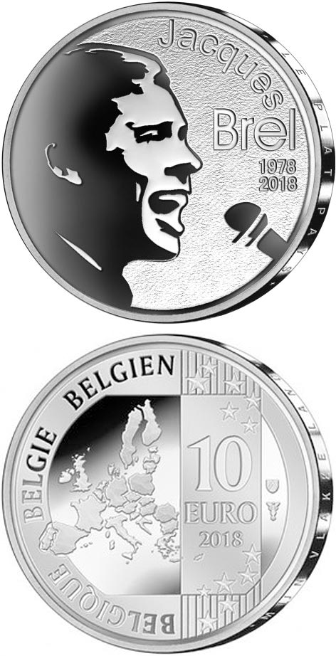 Image of 10 euro coin - 40 years of death Jacques Brel | Belgium 2018.  The Silver coin is of Proof quality.