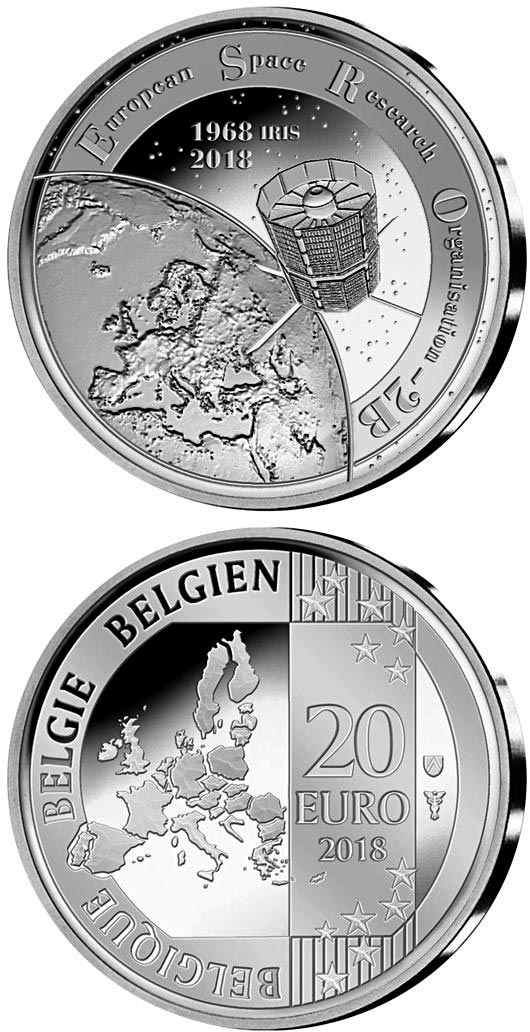 Image of 20 euro coin - 50 years ESRO-2B | Belgium 2018.  The Silver coin is of Proof quality.