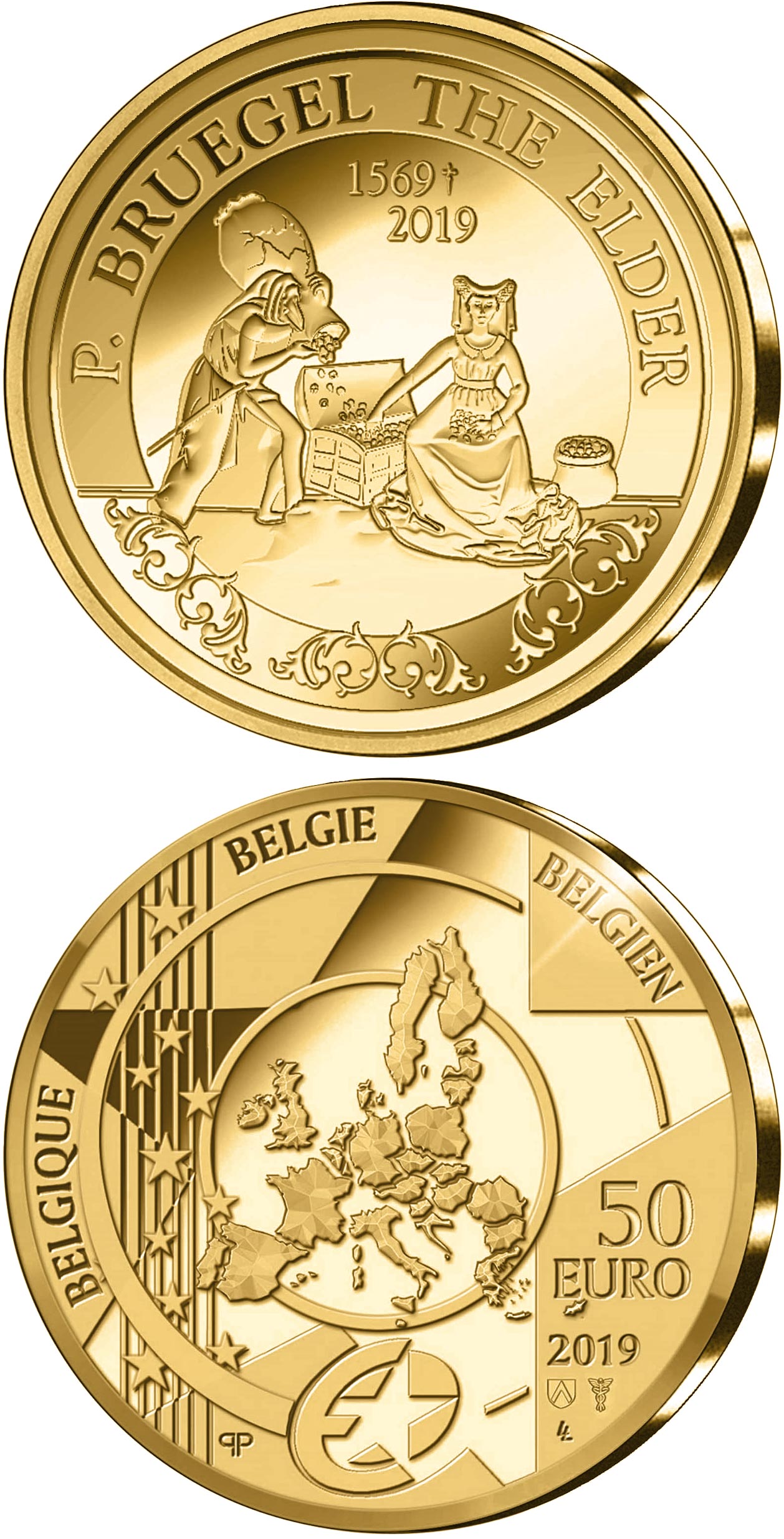 Image of 50 euro coin - 450th Anniversary of the Death of Pieter Bruegel the Elder | Belgium 2019.  The Gold coin is of Proof quality.