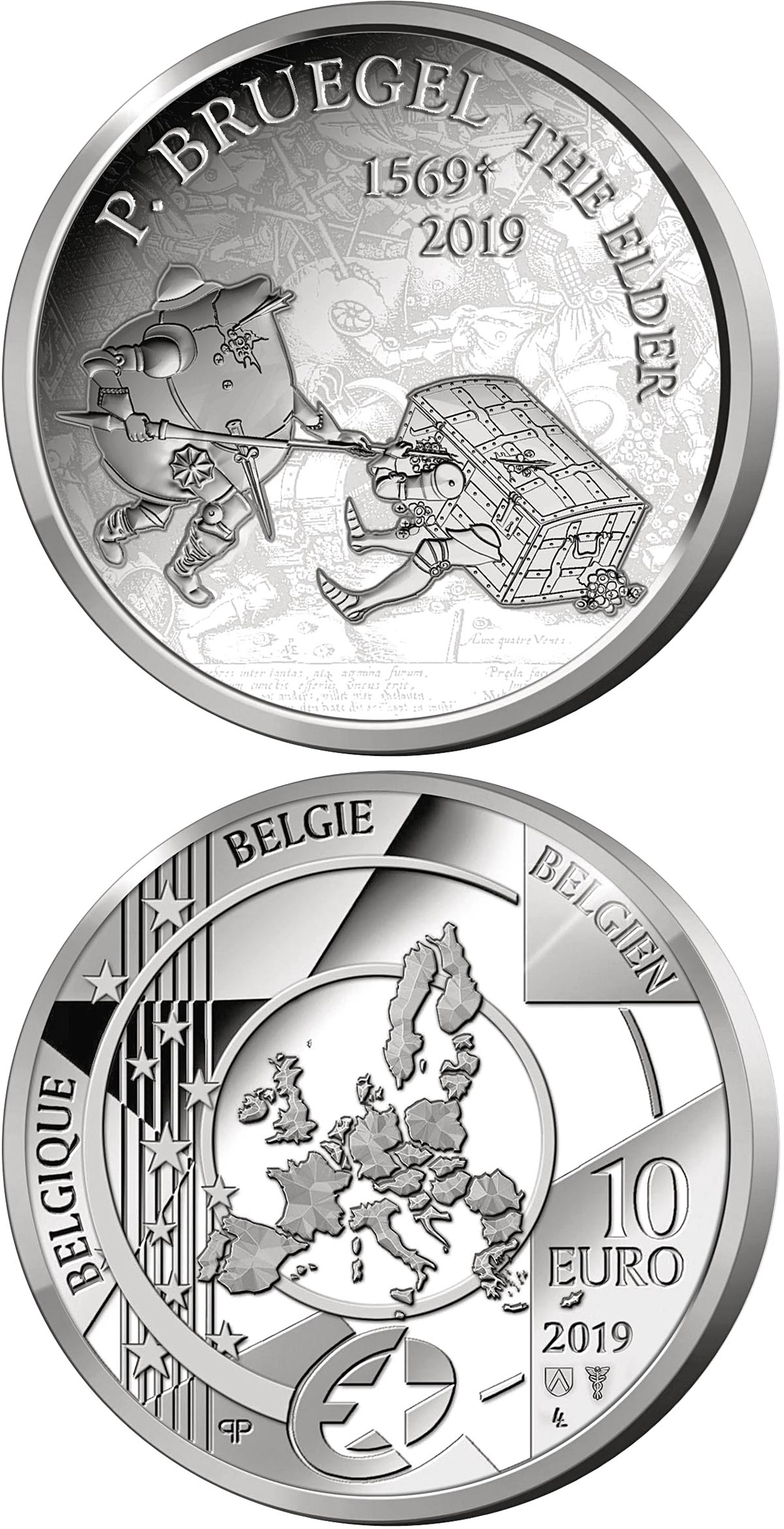 Image of 10 euro coin - 450th Anniversary of the Death of Pieter Bruegel the Elder | Belgium 2019.  The Silver coin is of Proof quality.