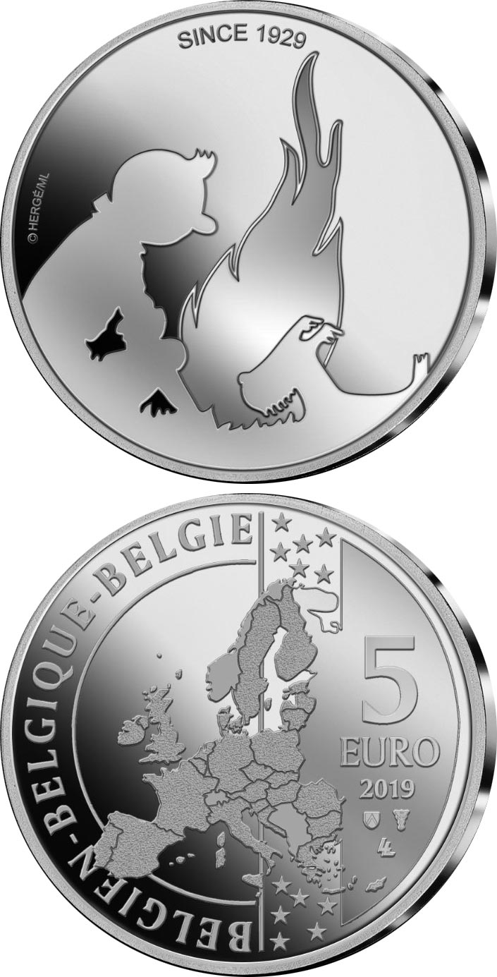 Image of 5 euro coin - 90 Years of the Adventures of Tintin | Belgium 2019