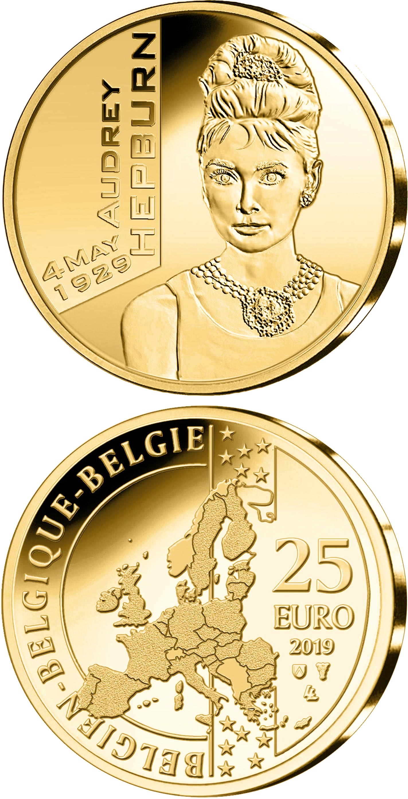 Image of 25 euro coin - Audrey Hepburn | Belgium 2019.  The Gold coin is of BU quality.