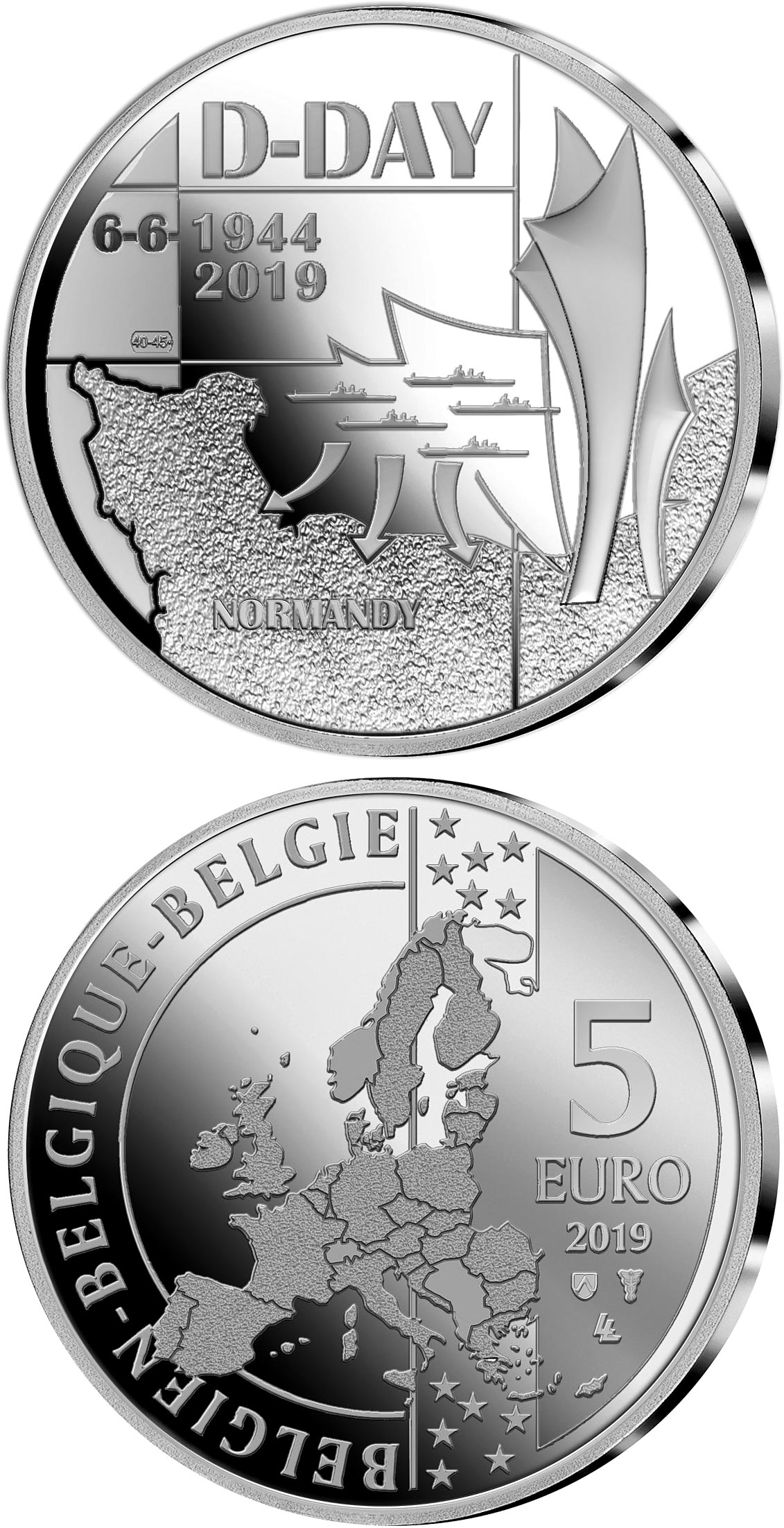 Image of 5 euro coin - 75th Anniversary of the D-Day | Belgium 2018.  The Copper–Nickel (CuNi) coin is of BU quality.