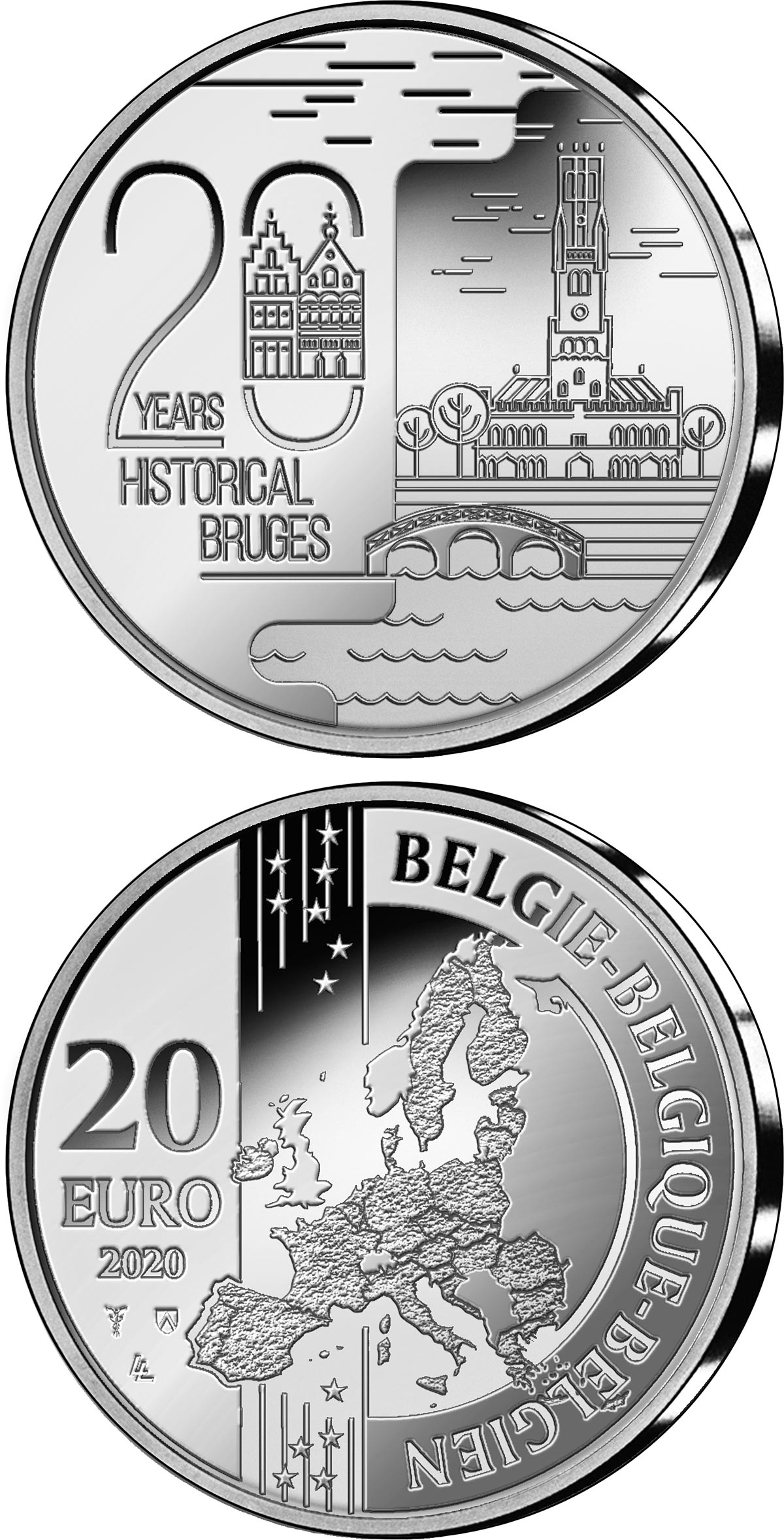 Image of 20 euro coin - 20 Years Historical Bruges | Belgium 2020.  The Silver coin is of Proof quality.