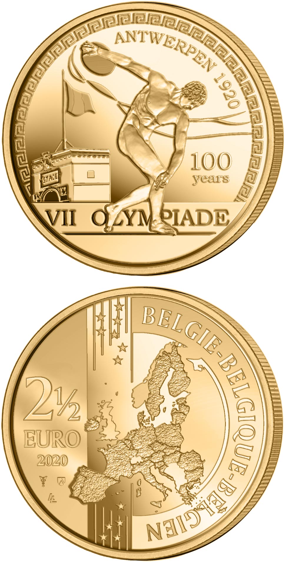 Image of 2.5 euro coin - 100 years Olympic Games Antwerp 1920-2020 | Belgium 2020.  The Brass coin is of BU quality.