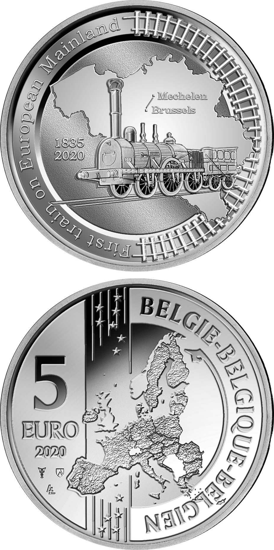 Image of 5 euro coin - 185th Anniversary of the First Train Line
on European Mainland | Belgium 2020.  The Silver coin is of Proof quality.