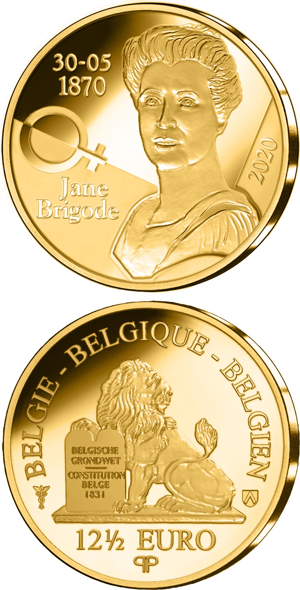 Image of 12.5 euro coin - 125th Anniversary of the Birth of Jane Brigode | Belgium 2020.  The Gold coin is of Proof quality.