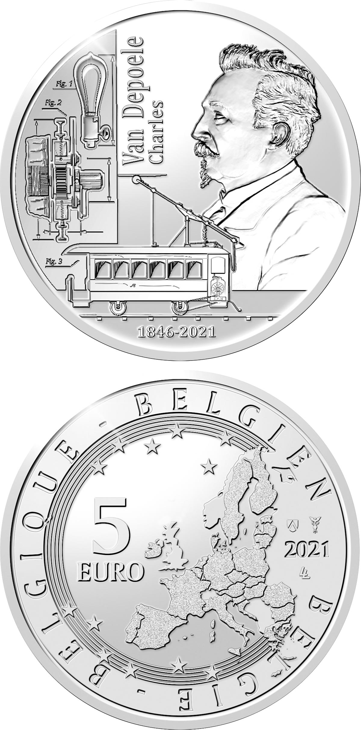 Image of 5 euro coin - 175th anniversary of birth Charles Van Depoele | Belgium 2021.  The Silver coin is of Proof quality.