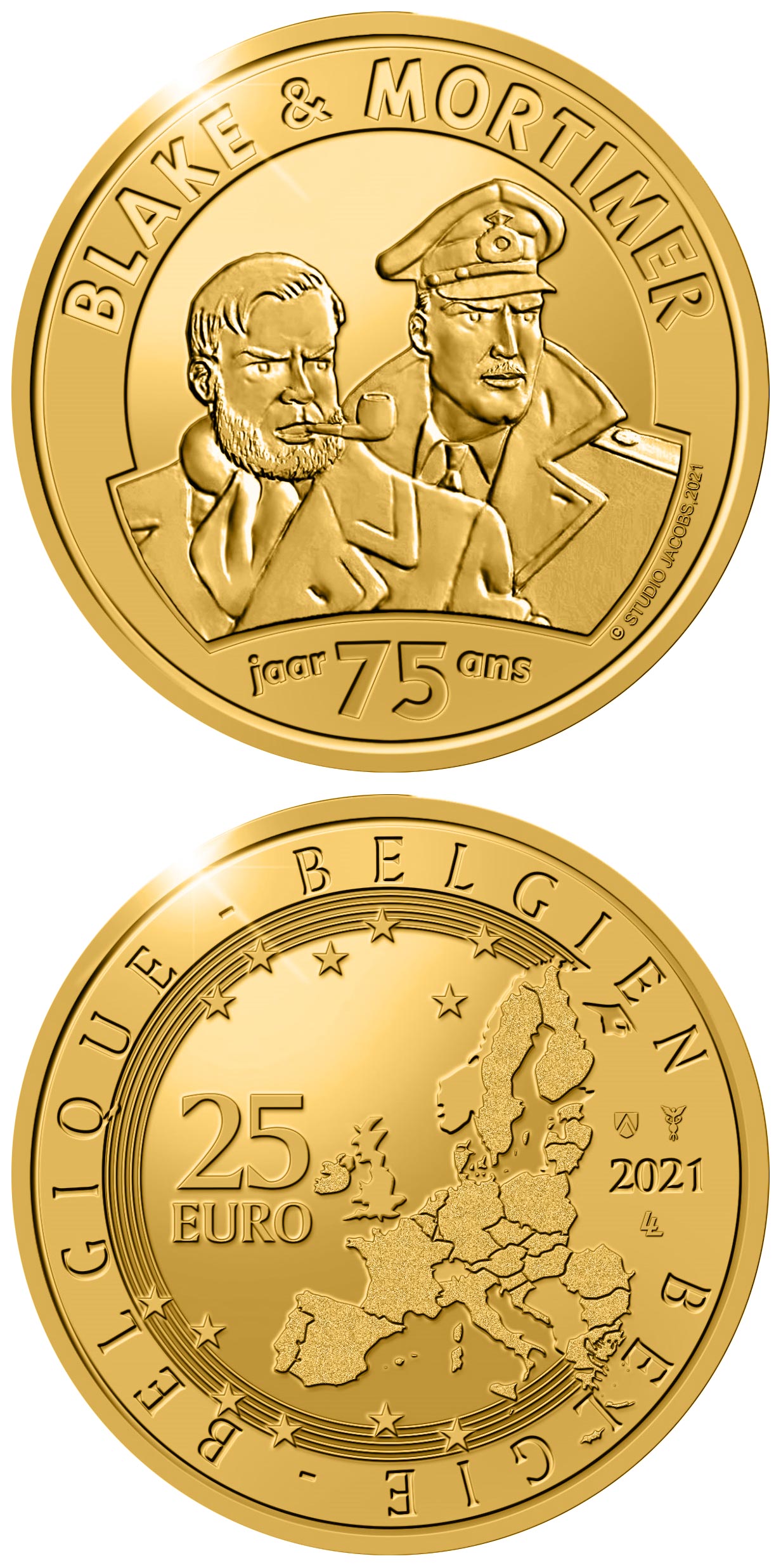 Image of 25 euro coin - 75 years Blake & Mortimer | Belgium 2021.  The Gold coin is of Proof quality.