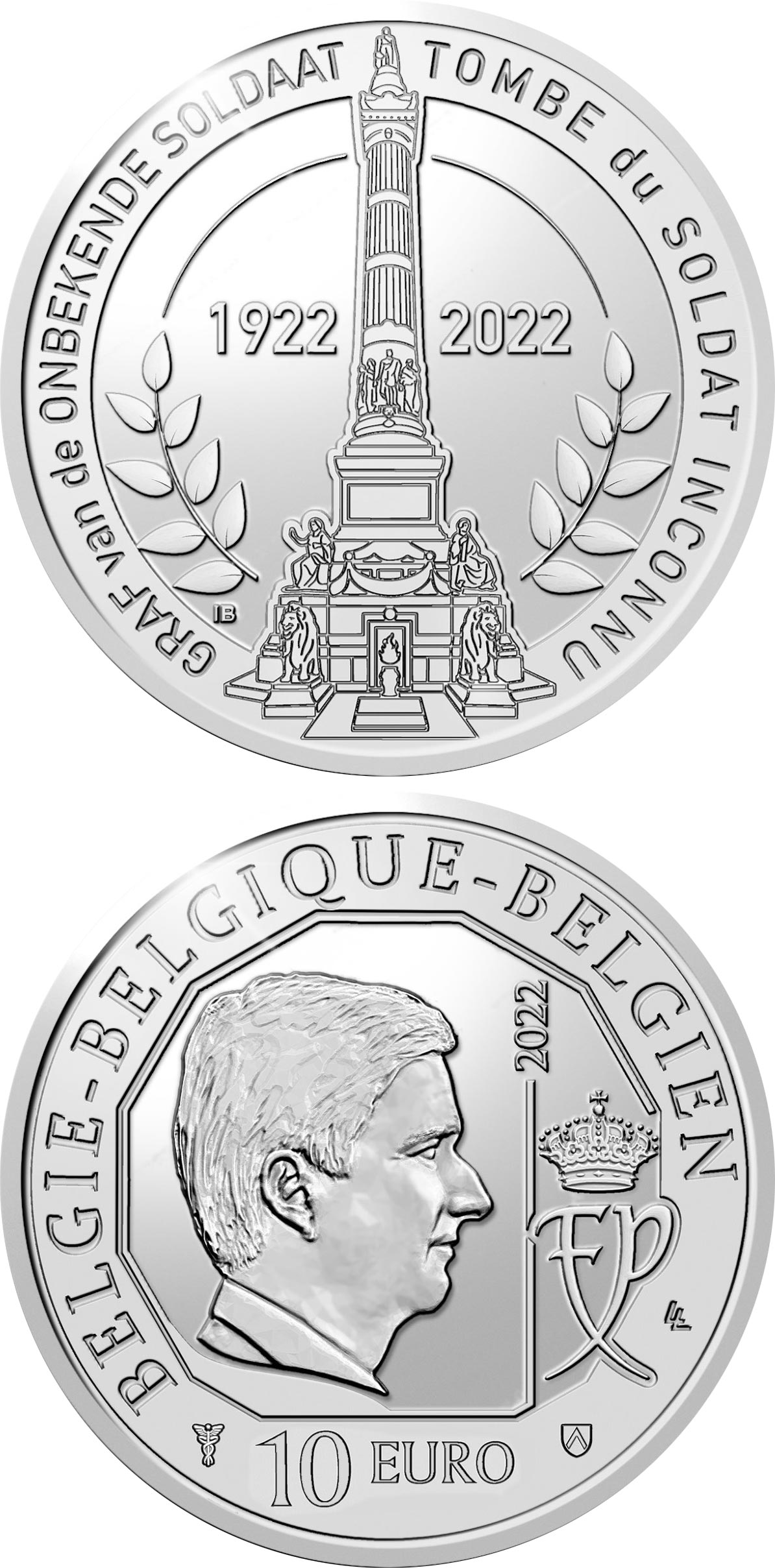 Image of 10 euro coin - 100 Years Tomb of the Unknown Soldier | Belgium 2022.  The Silver coin is of Proof quality.