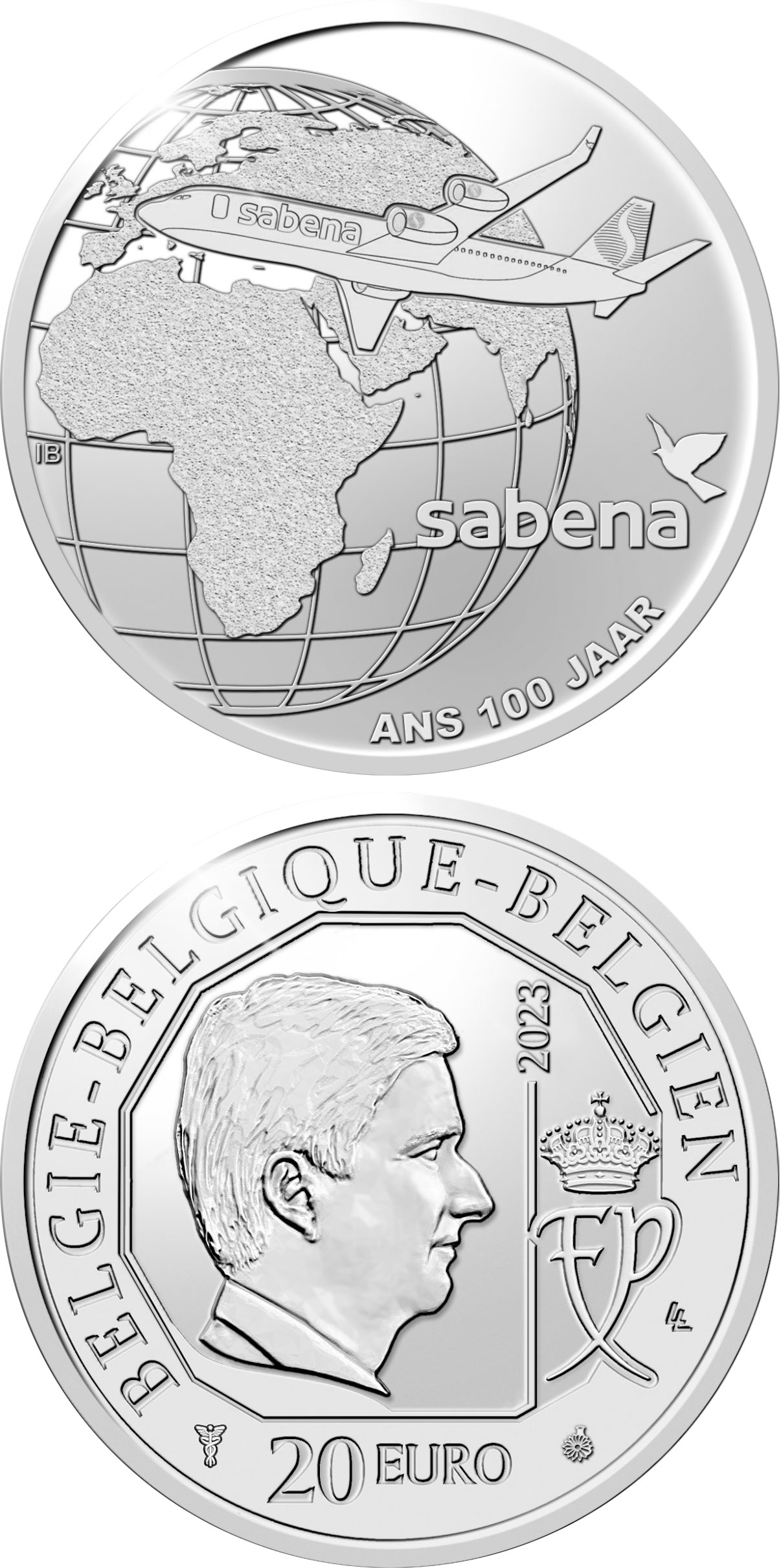 Image of 20 euro coin - 150 Years of Sabena | Belgium 2023.  The Silver coin is of Proof quality.