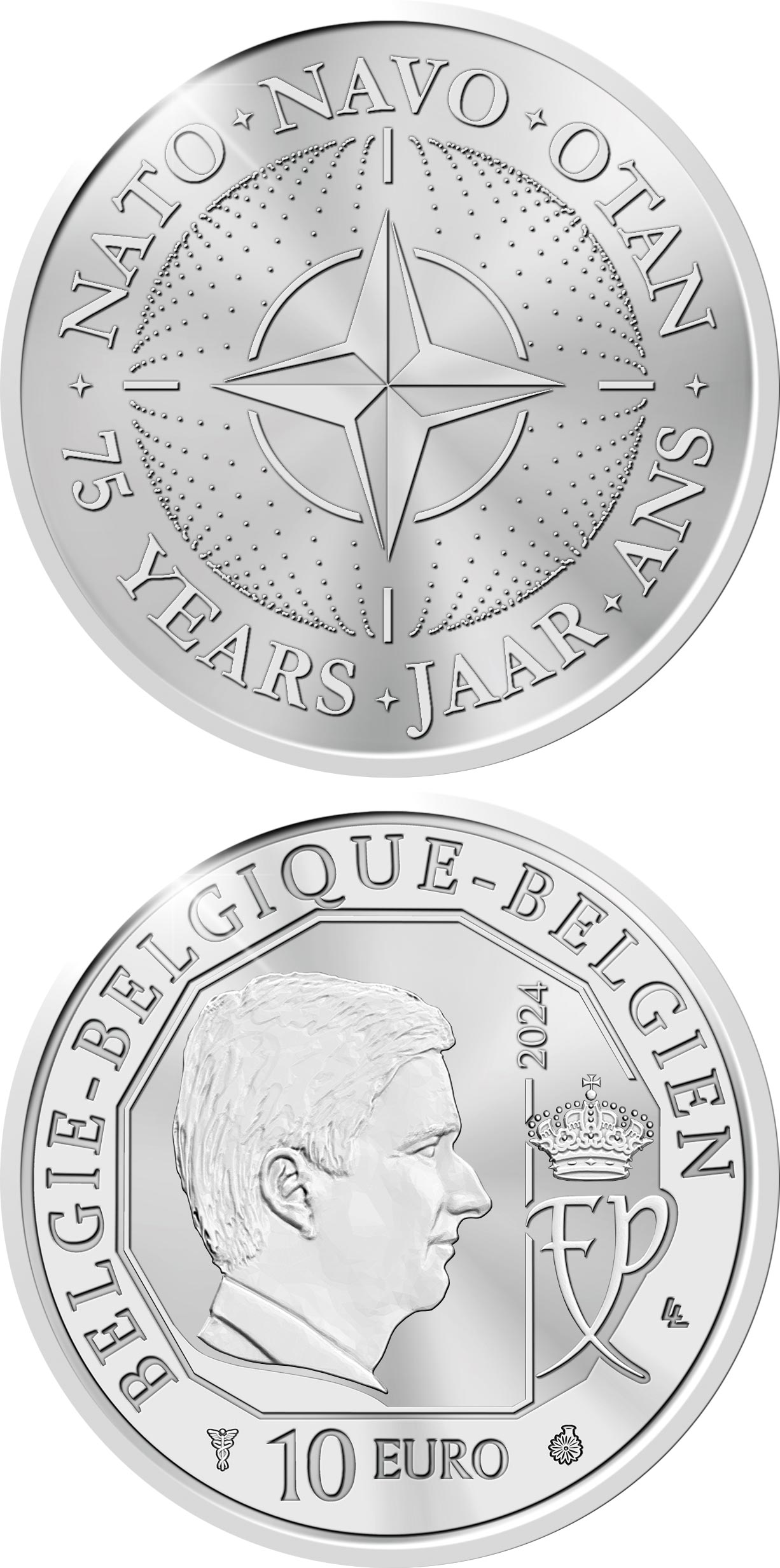 Image of 10 euro coin - NATO 75 Years | Belgium 2024.  The Silver coin is of Proof quality.
