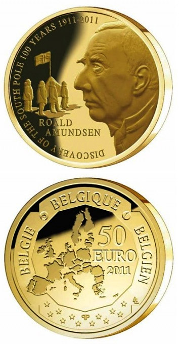 Image of 50 euro coin - Discovery of the South Pole 100 years | Belgium 2011.  The Gold coin is of Proof quality.