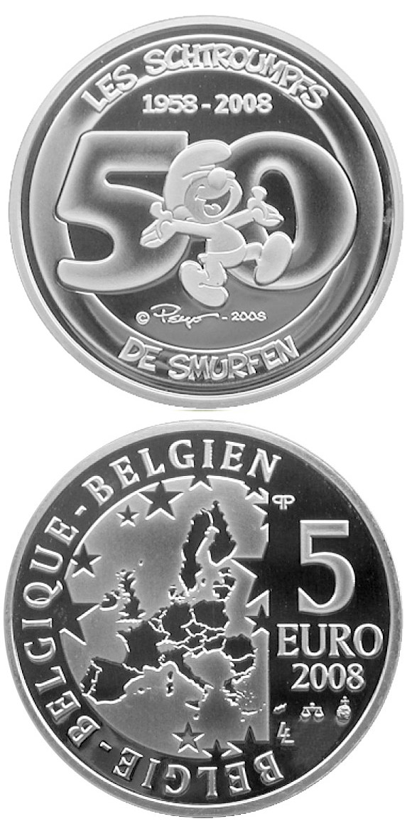 Image of 5 euro coin - The Smurfs - 50th Anniversary   | Belgium 2008.  The Silver coin is of Proof quality.
