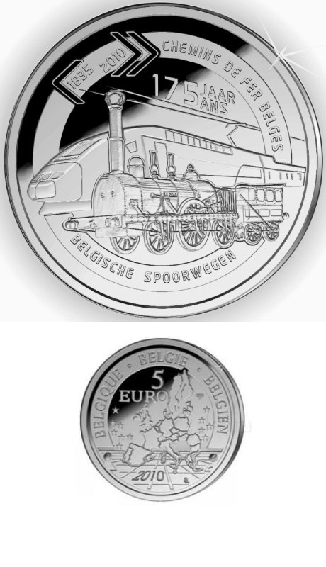Image of 5 euro coin - 175 years of Belgian railways  | Belgium 2010.  The Silver coin is of Proof quality.
