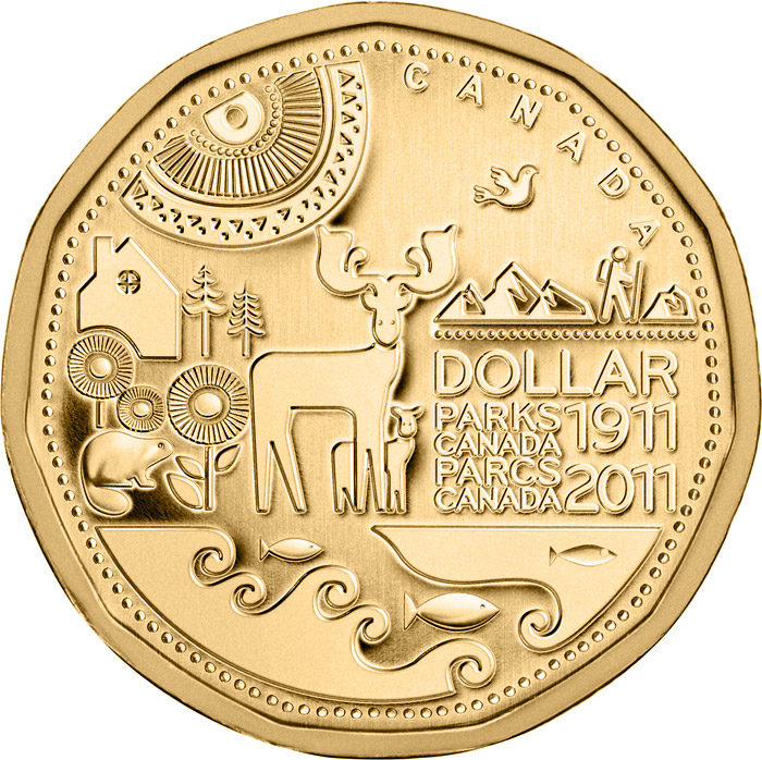 Image of 1 dollar coin - Parks Canada Centennial  | Canada 2011.  The Nickel, bronze plating coin is of UNC quality.
