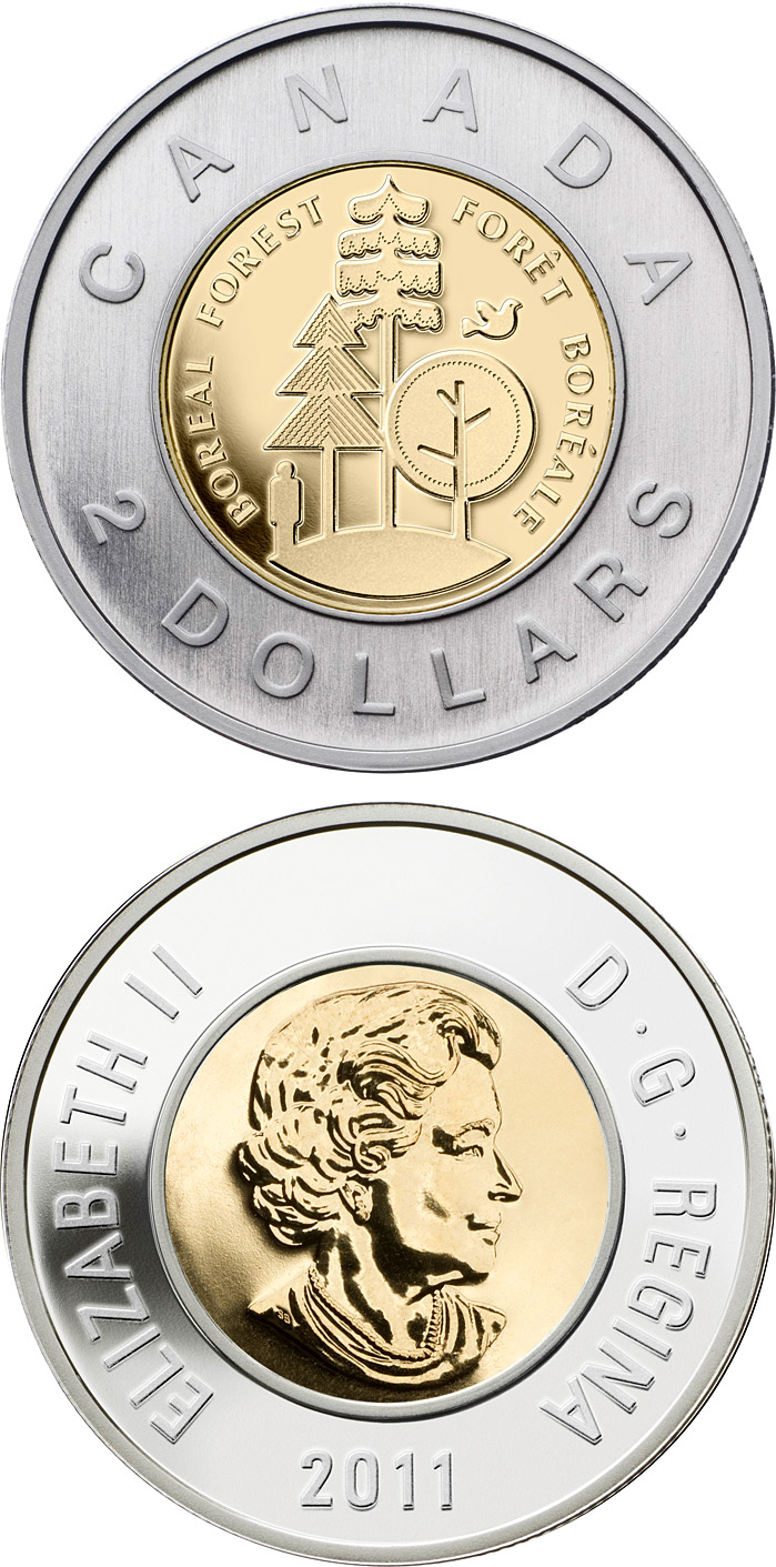 Image of 2 dollars coin - Boreal Forest  | Canada 2011.  The Bimetal: CuNi, nordic gold coin is of UNC quality.